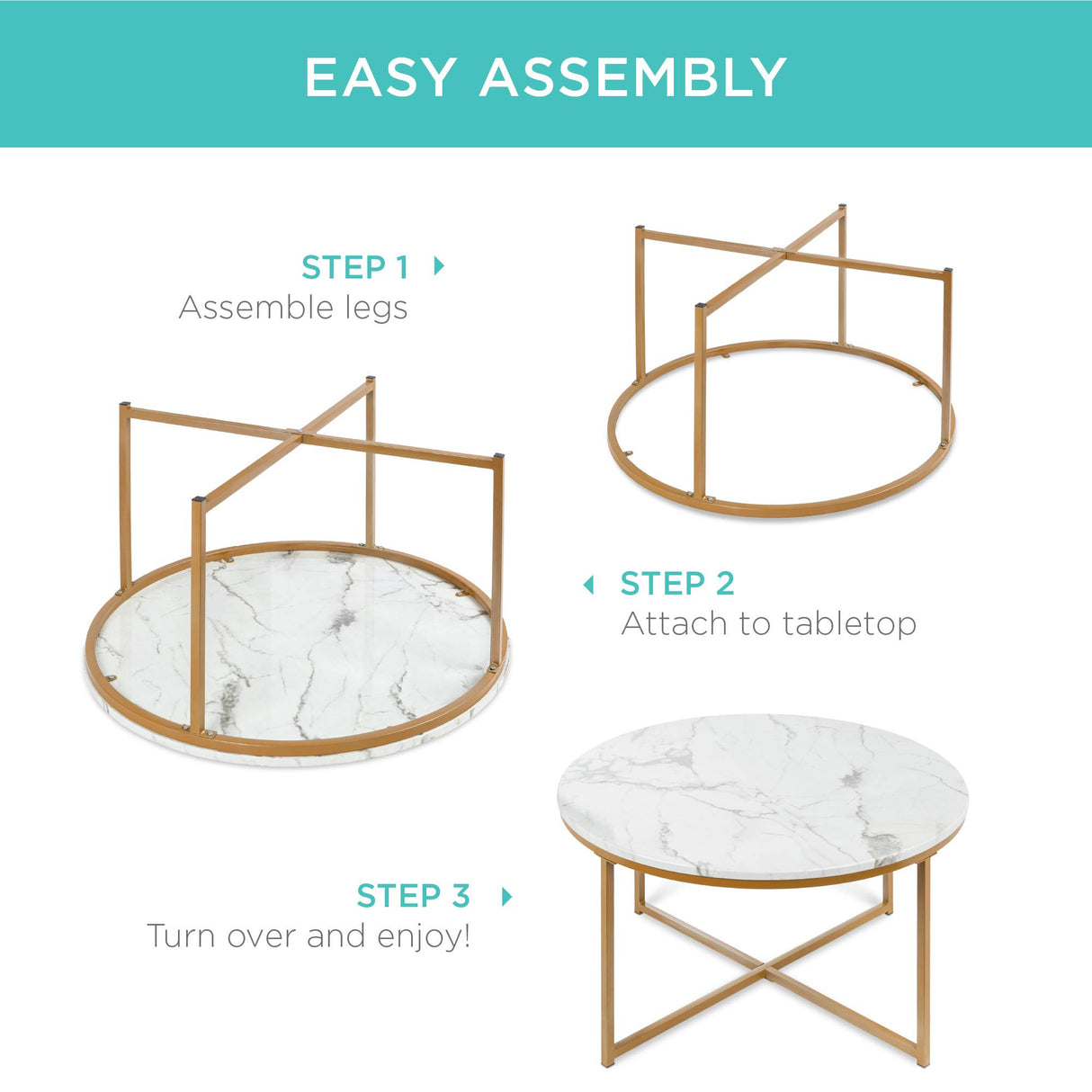 Best Choice Products 36in Faux Marble Accent Table, Modern End Table, Large Coffee Table Home Decor for Living Room, Dining Room, Tea, Coffee w/Metal Frame, Foot Caps, Designer - White/Gold Best Choice Products