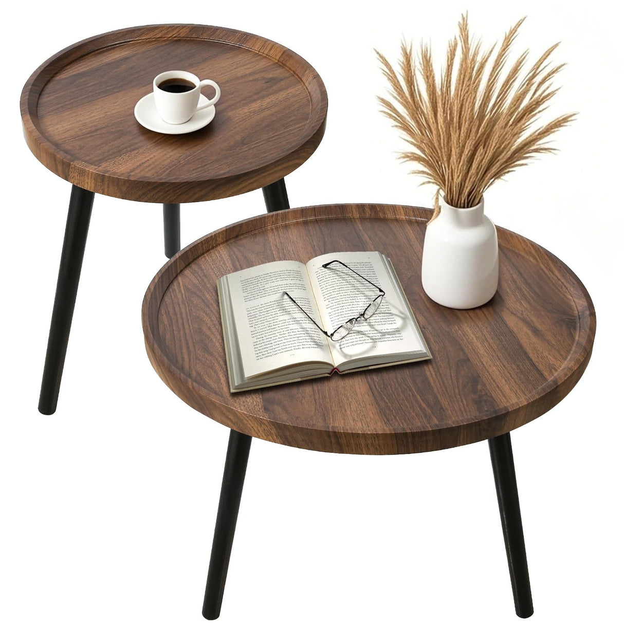 Nesting Coffee Table Set of 2, Modern Round Coffee Tables Nesting Side Table Set, Easy Assembly Nesting Tables for Living Room, Walnut Wood End Tables for Home Office Yard Dongxw