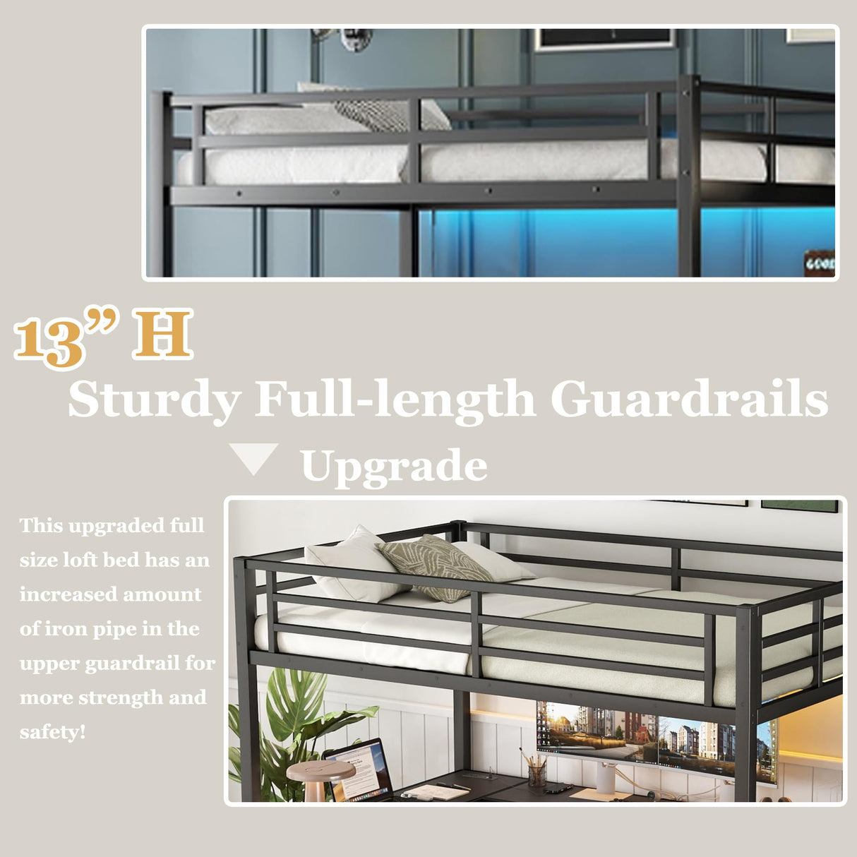 Bellemave Full Size Metal Loft Bed with L Shaped Desk and Wardrobe, Heavy Duty Loft Bed Frame with Storage Stairs, LED Loft Bed Frame with Charging Station & Safety Guardrails, Black Bellemave