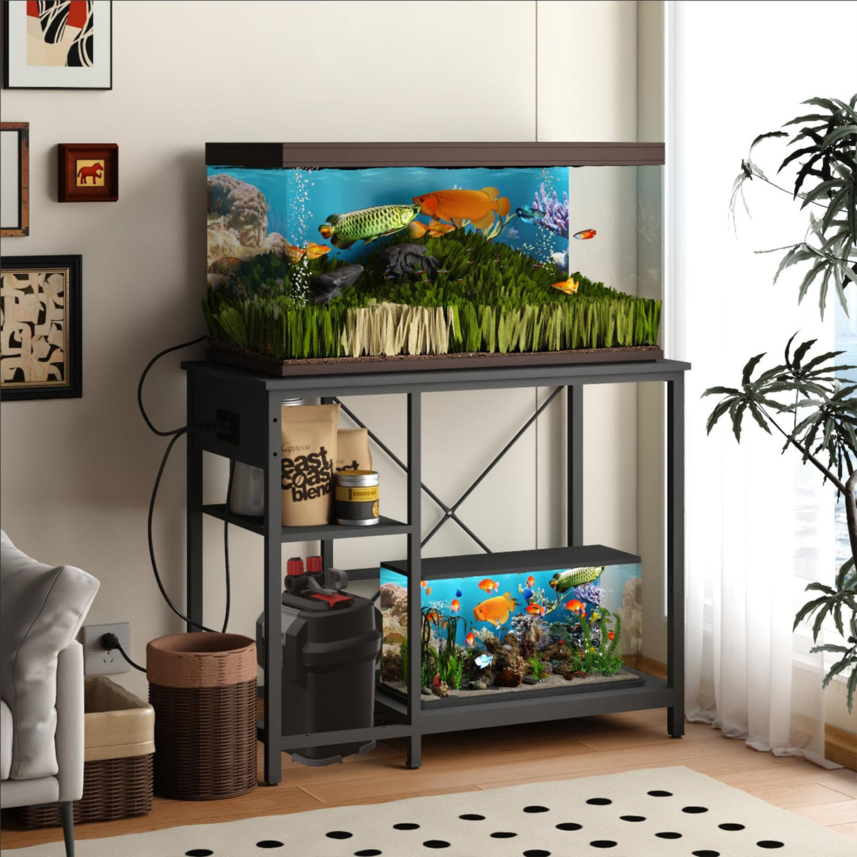 BEURUKU 40-50 Gallon Fish Tank Stand with Power Outlet & LED Light, Metal Aquarium Stand with 3 Tier Adjustable Storage Shelves, Tank Stand for Reptile Tank, Turtle Tank, 36" L*18.5" W, Black BEURUKU