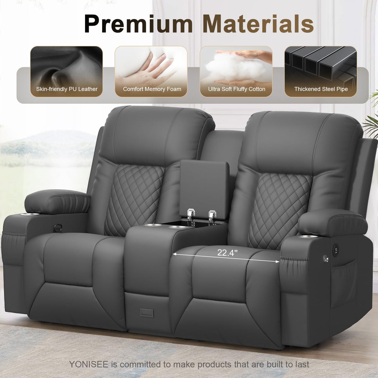 YONISEE Large Loveseat Recliner, Loveseat Recliner Sofa with Storage Console, Recliner Chair with USB Ports, 2 Cell Phone Holders, Cup Holder, Loveseat Couch for Living Room (Dark Gray) YONISEE
