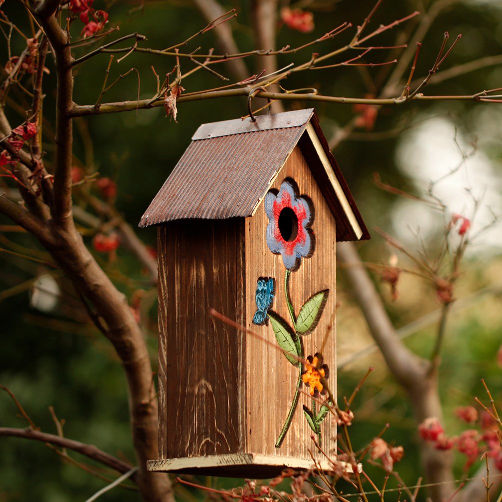 Topadorn Wooden Birdhouse Carved Floral Bird House for Outdoor Yard Garden Porch Patio Country Decor,Brown Hanging Bird House Topadorn