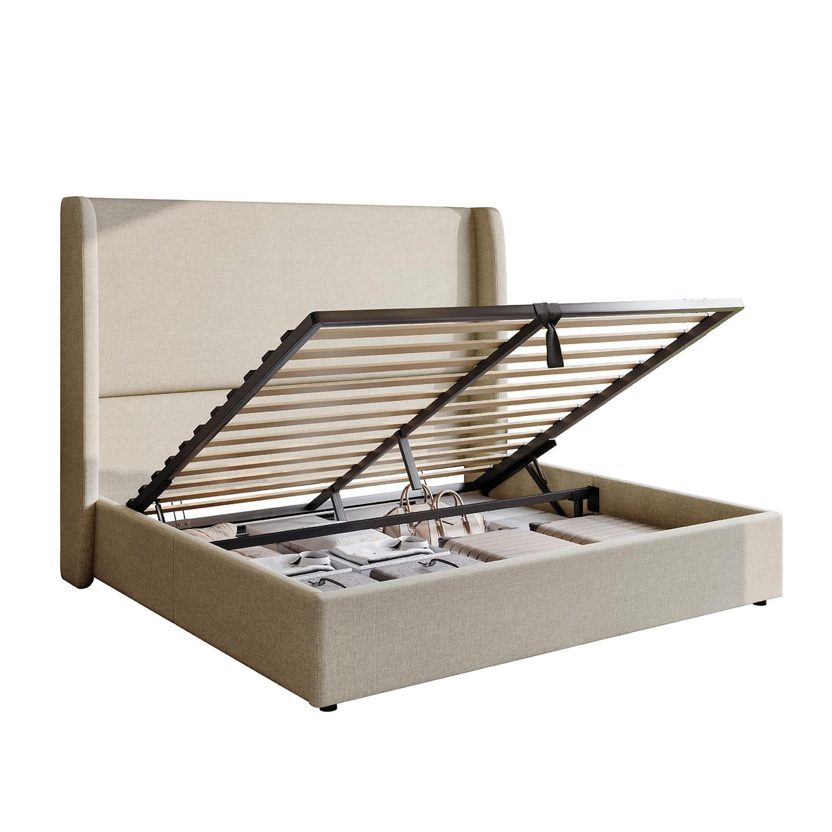 AMERLIFE Lift Up Storage Bed Queen Size Linen Upholstered Platform Bed Frame, Hydraulic Storage,Modern Wingback Headboard, No Box Spring Needed, Khaki AMERLIFE