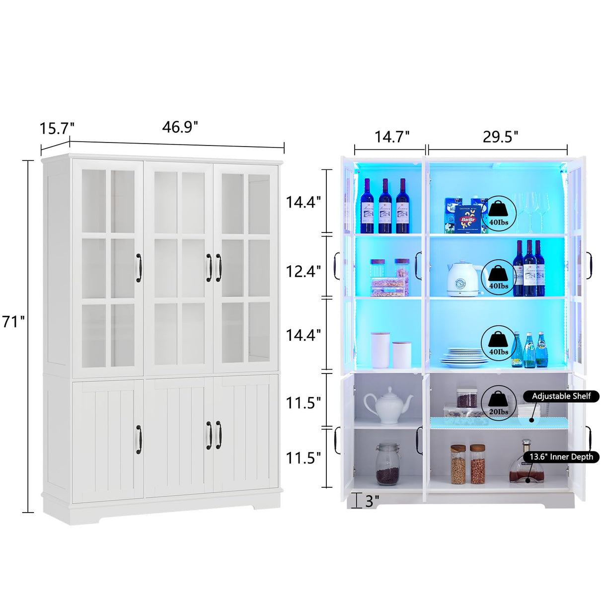 LUXOAK 71" Tall Bookshelf with Doors, LED Display Cabinet with 5-Tier Storage Shelves, White Bookcase for Study/Home Office/Living Room, 6-Door LUXOAK