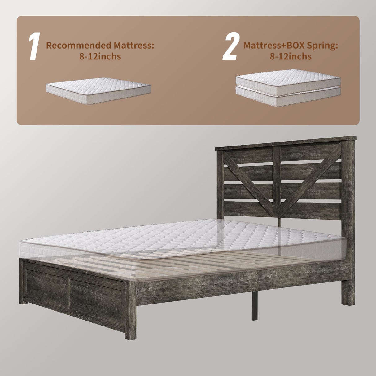 LUXOAK Full Size Farmhouse Wooden Bed Frame, Platform Bed Frame with 49.2" Headboard/No Box Spring Needed/Noisy Free/Easy Assembly/Grey LUXOAK
