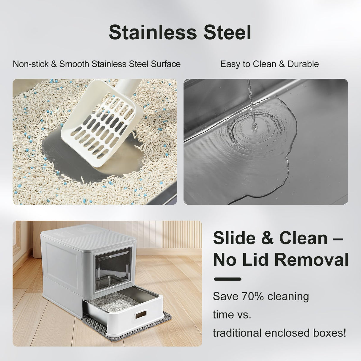 Marchul Enclosed Stainless Steel Cat Litter Box with Lid & Drawer Design, XL Extra Large for Indoor Cats, Metal Covered Cat Litter Box, Baffles for Anti-Leakag, with Litter Scoop & Litter Mat Marchul