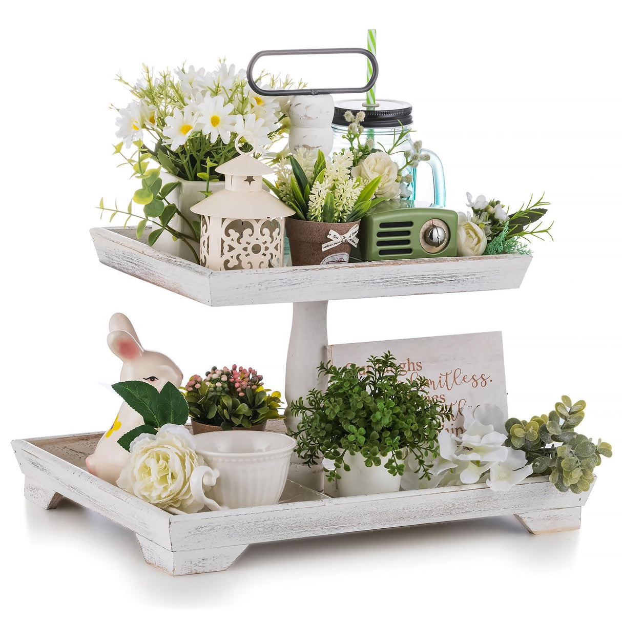 Hanobe Farmhouse Tiered Tray Stand: Rustic White Wood 2 Tier Serving Tray Decor Two Rectangle Wooden for Kitchen Counter Centerpieces Coffee Bar Easter Fall Halloween Thanksgiving Christma Hanobe