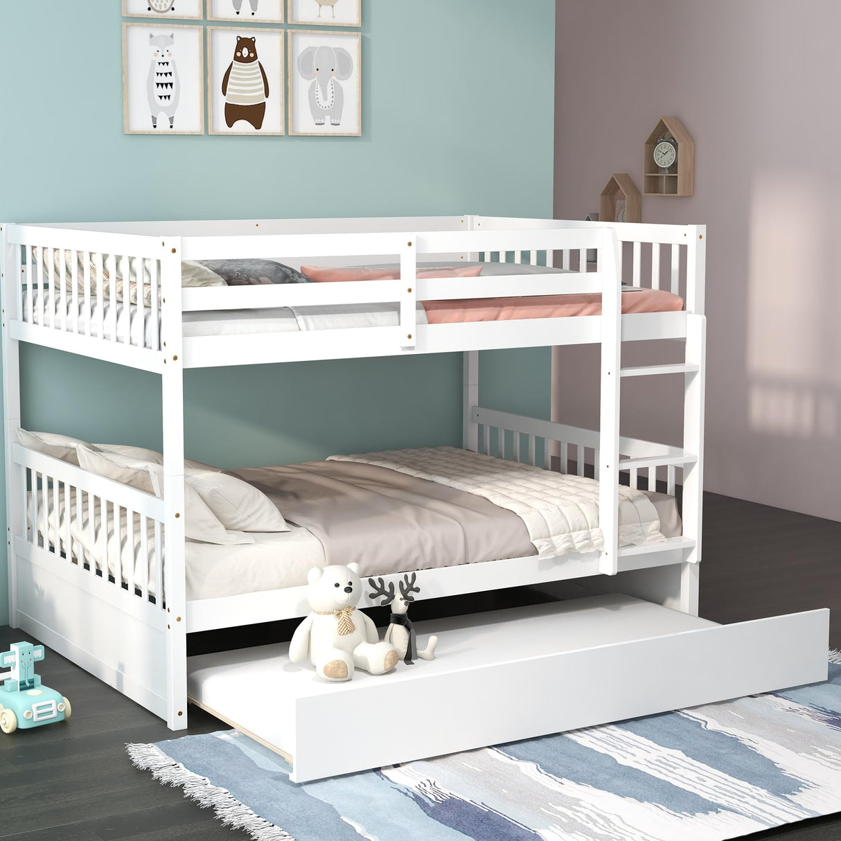 KOMFOTT Wood Full Over Full Bunk Bed with Trundle, Bunk Bed Frame with Ladder, Solid Wood Frame & Safety Guardrails, Space-Saving Bunk Bed for Teens & Adults, No Box Spring Needed KOMFOTT