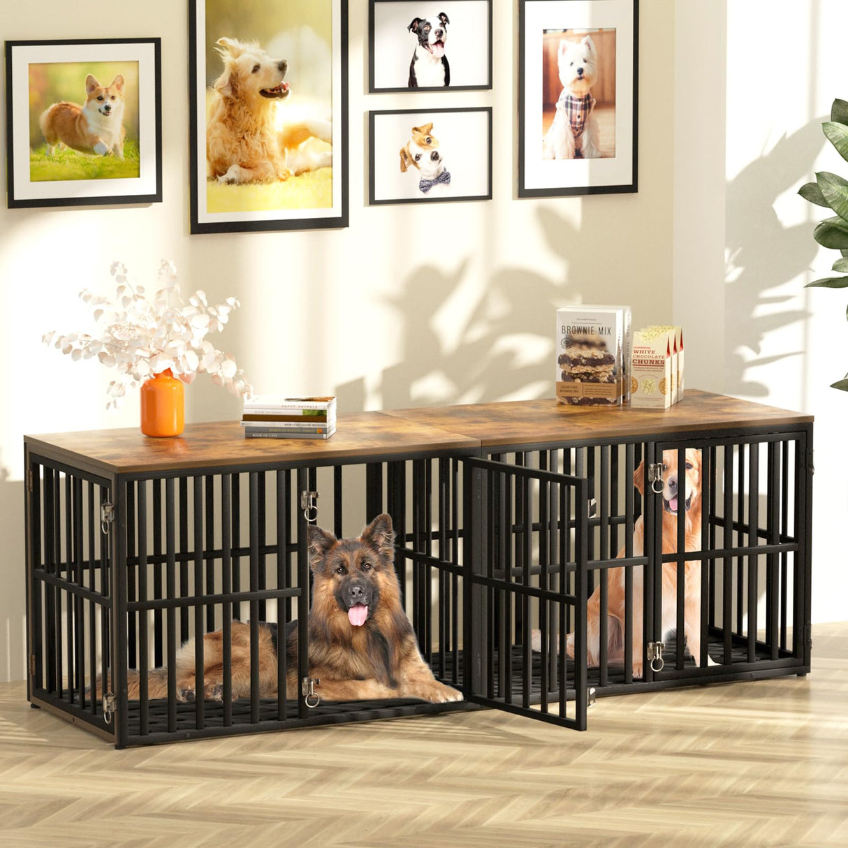 AGESISI Dog Crate Furniture for 2 Dogs, 76” Wooden Dog Kennel with Divider, XXL Double Dog Crate Furniture Large Breed with 4 Doors, Dog Cage End Table Indoor for Large & Medium Dogs, Black AGESISI