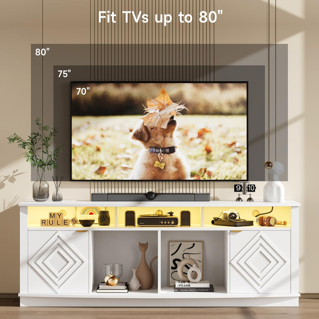 ONBRILL LED TV Stand for 80 Inch TV, Entertainment Center with Power Outlets, Modern TV Console Gaming Media Television Stands with Storage for Living Room, Bedroom, Gaming Room, 70 Inch, White ONBRILL