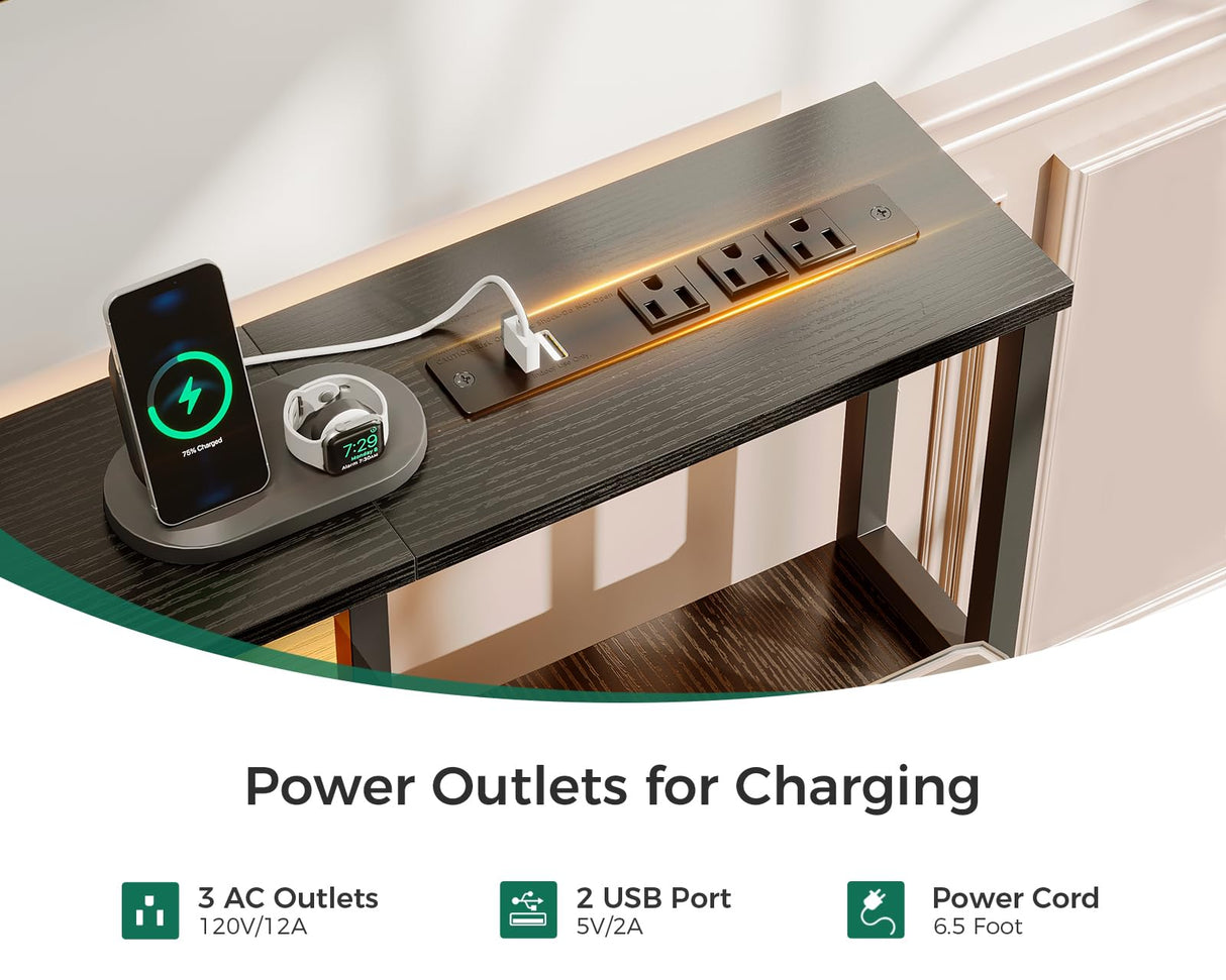 AODK 55-Inch Computer Desk with Power Outlets and LED Lights, Gaming Desk with 4 Fabric Drawers, Reversible Office Desk with Monitor Riser, Writing/Study Table for Home, Black AODK