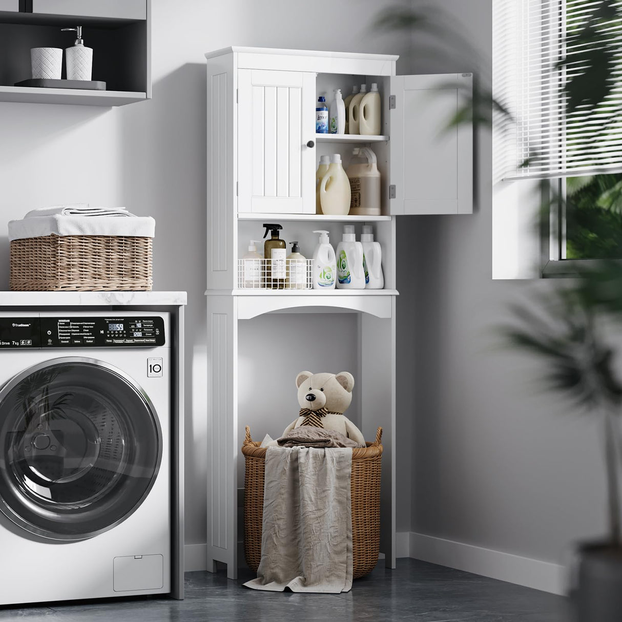 Bealife Over The Toilet Storage Cabinet with Open Shelf, Organizer with Adjustable Shelf and Double Doors,Over The Toilet Storage Shelf Free Standing- White Bealife