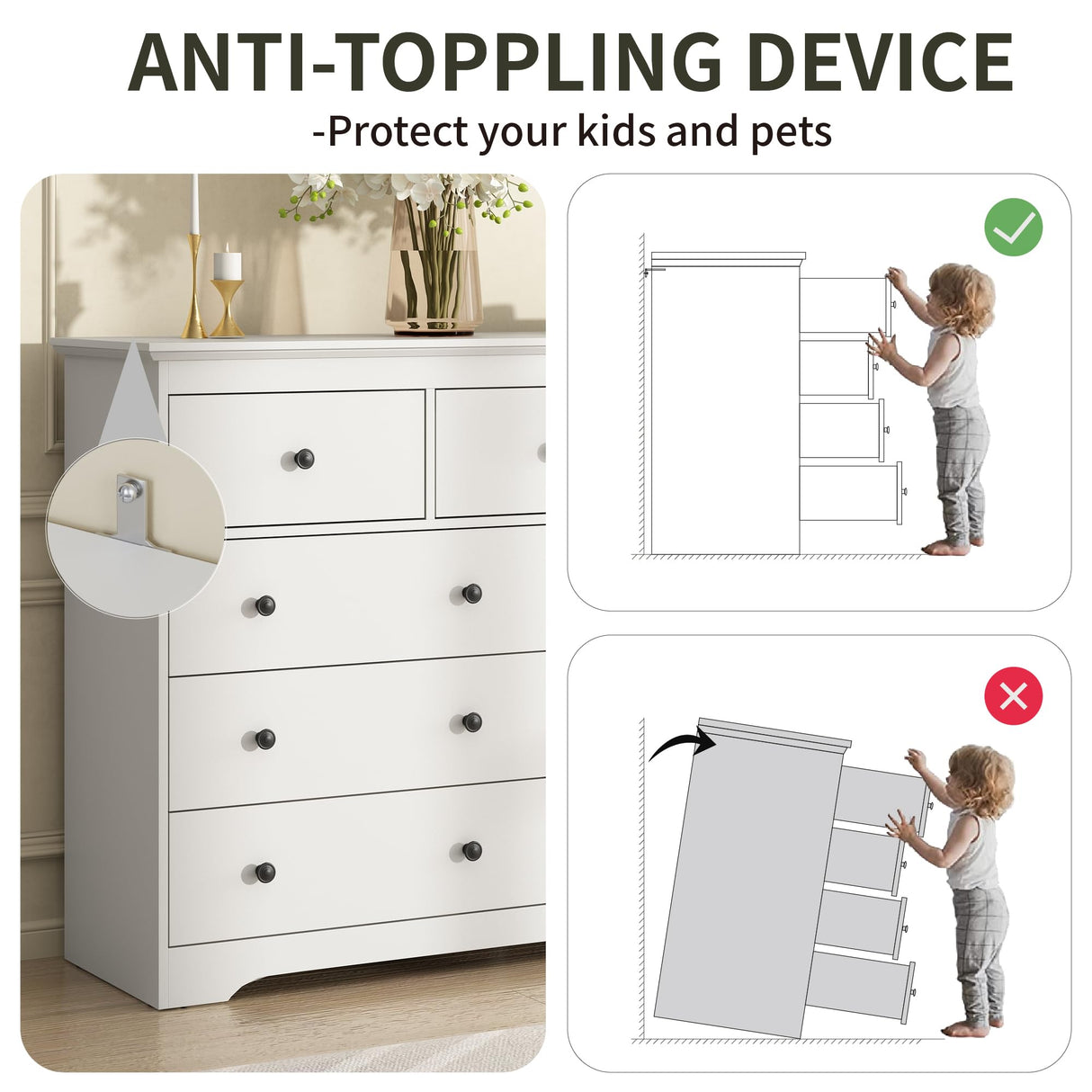 BAZELOR 55 Inch Wide White Dresser for Bedroom, 9 Drawer Dresser with Large Drawers, Wood Chest for Living Room, Hallway BAZELOR