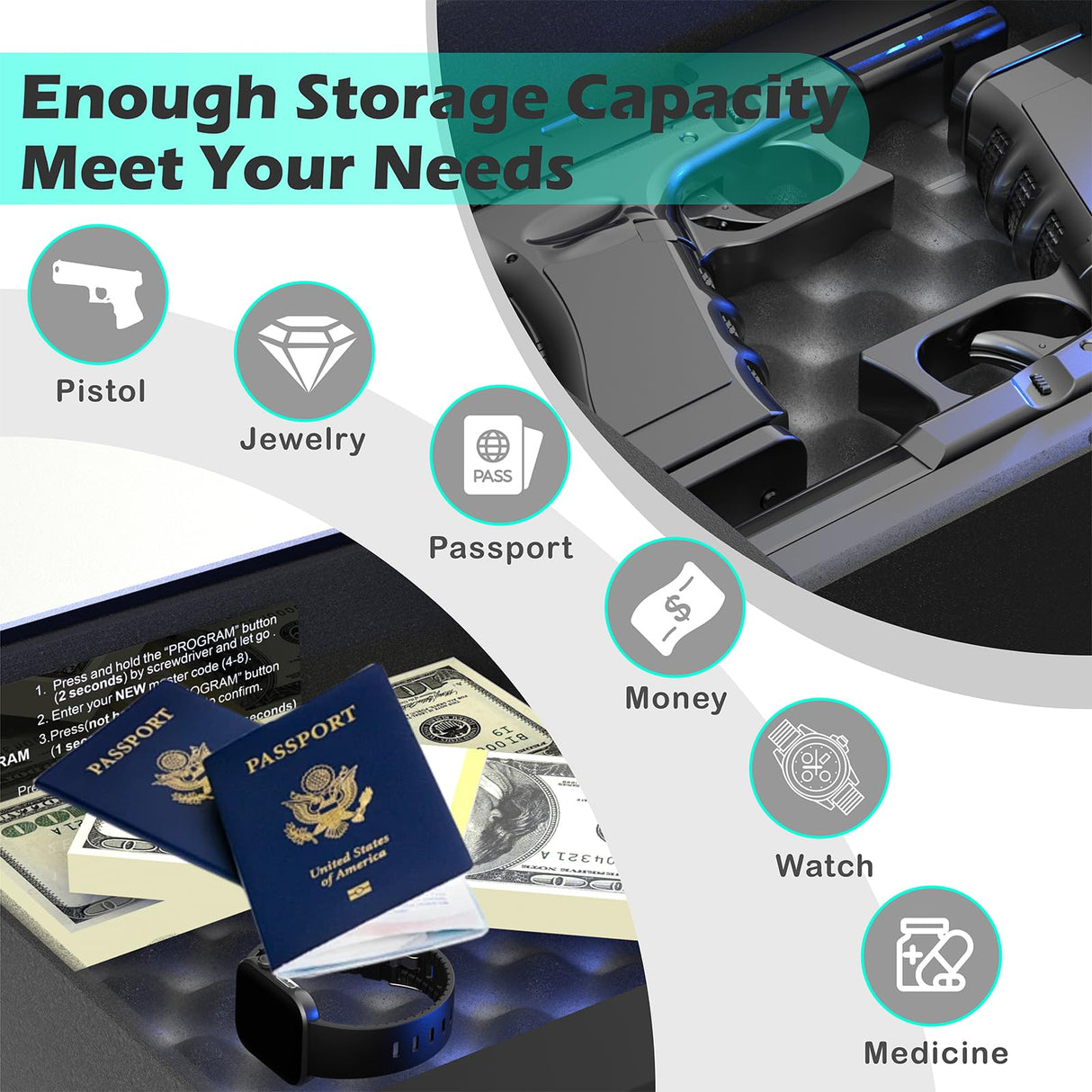 QINGENO Smart Gun Safe with Security Cable - Biometric Pistol Safe for 2 Handgun 3 Ways Quick Access with Fingerprint/Keypad/Key, for Nightstand Bedside Home with LCD and Voice Guide (White) QINGENO