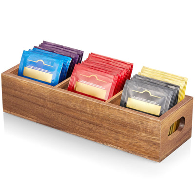DRASTAR Tea Bag Organizer, Acacia Tea Bag Holder, Tea Storage Containers with 3 Slots, Wooden Tea Storage Accessories, Mini Tea Bag Caddy Box for Countertop
