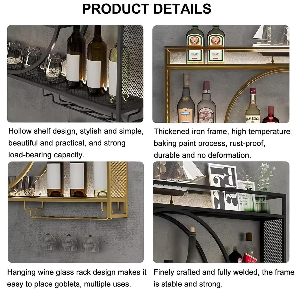 OMKUOSYA Wall Mounted Wine Rack, Metal 3-Tier Large Capacity Hanging Bar Shelves with Glass Holder, Round Wine Bottle Storage Display Shelf for Kitchen, Living Room, Home (Black, 39.4in/100cm) OMKUOSYA