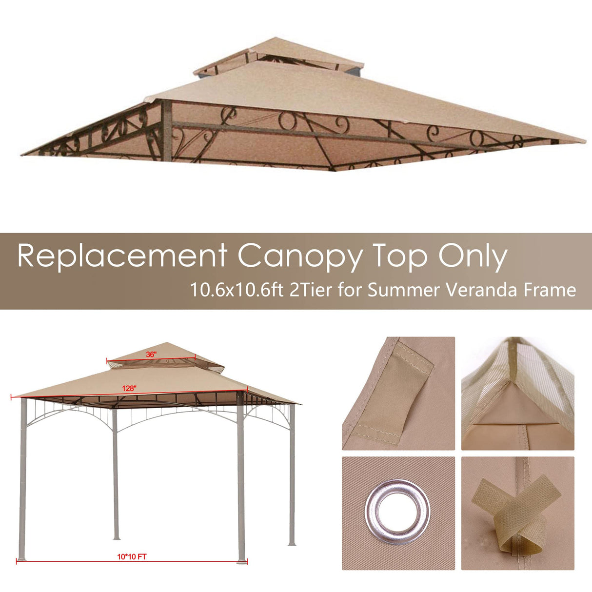 Yescom 10.6'x10.6' Gazebo Top Replacement for 2 Tier Summer Veranda Frame Canopy Cover Patio Garden Yard Dark Beige Y00710T01 Yescom