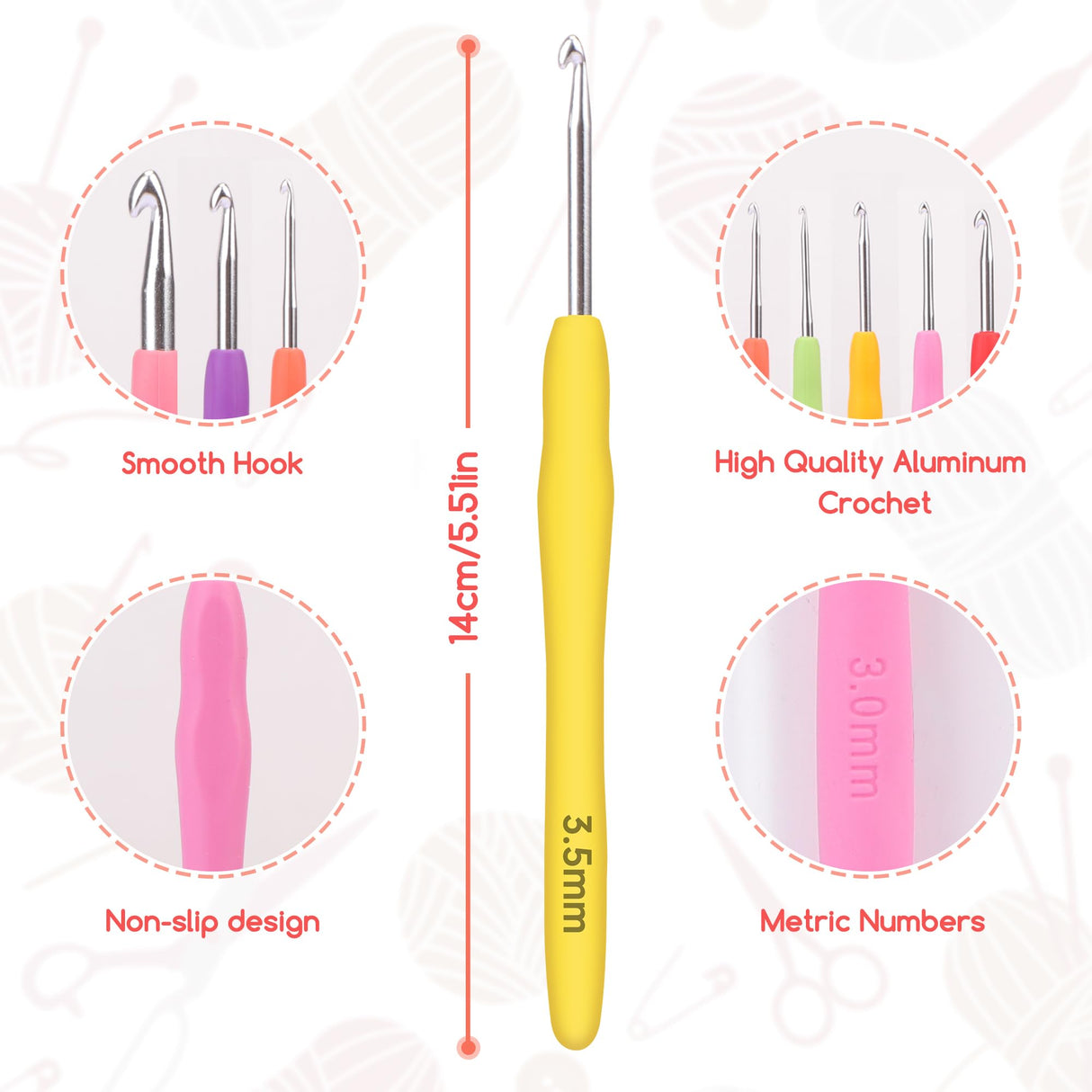iKumar Crochet Hooks Set, 12 Sizes Crochet Needle Kit, 41 Piece Crochet Kit with Ergonomic Handles for Arthritic Hands, Knitting Needles with Yellow Storage Case iKumar