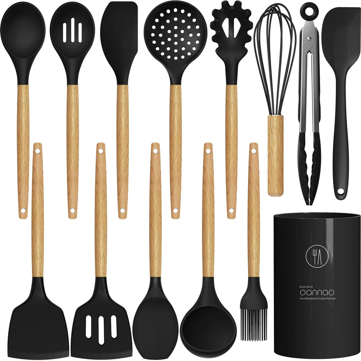 Silicone Cooking Utensils Set Utensil Sets - 446°F Heat Resistant Silicone Kitchen Utensils Set Wooden Handles, Silicone Utensils for Cooking w Holder for Non-Stick Cookware BPA FREE (Black) oannao