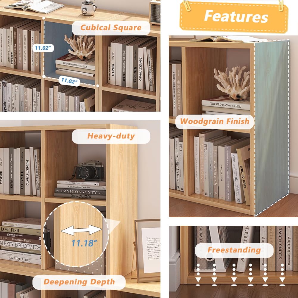 NELYE 6 Cube Organizer Bookcase - Fabric Storage Bins Container, Open Shelf Simple Compartments Bookshelf, Oak NELYE