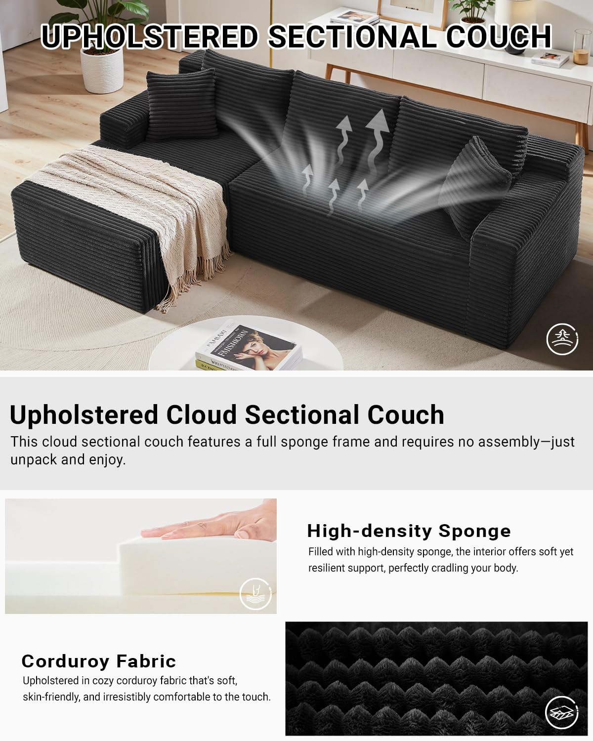 105 Inch Cloud Sectional Couch,Modern Modular Sectional Sofa with Deep Seat,Corduroy Boneless Couches with L-Shape Chaise for Living Room Bedroom,No Assembly Required (Black, Left Facing Chaise) HANXIN