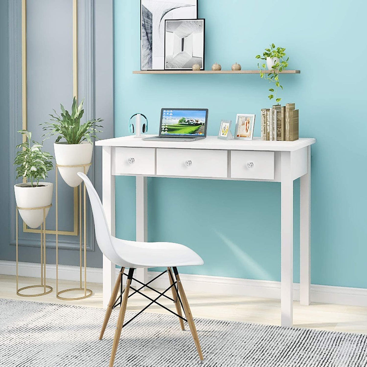 STHOUYN Home Office Small Writing Desk with Drawers Bedroom, Study Table for Adults/Student, Vanity Makeup Dressing Table Save Space Gifts White (White) STHOUYN