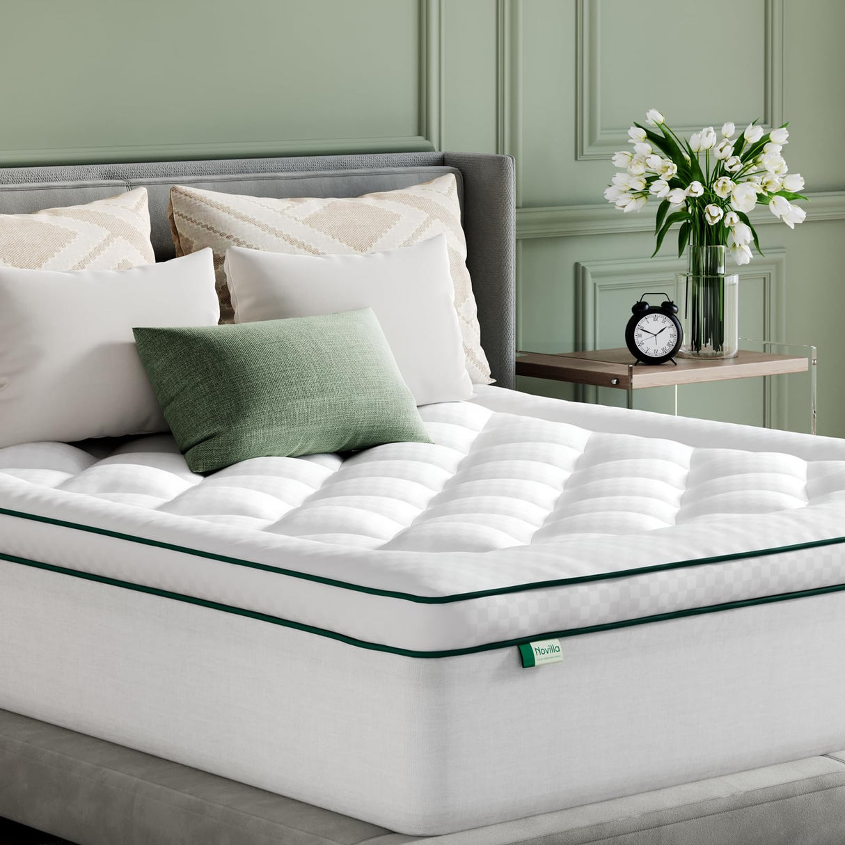 Novilla Full Mattress Topper, Extra Thick Pillow Top Mattress Pad with Down Alternative, Breathable Mattress Cover with for 8-21", Machine Washable Fitted Mattress Protector – Green-White Novilla