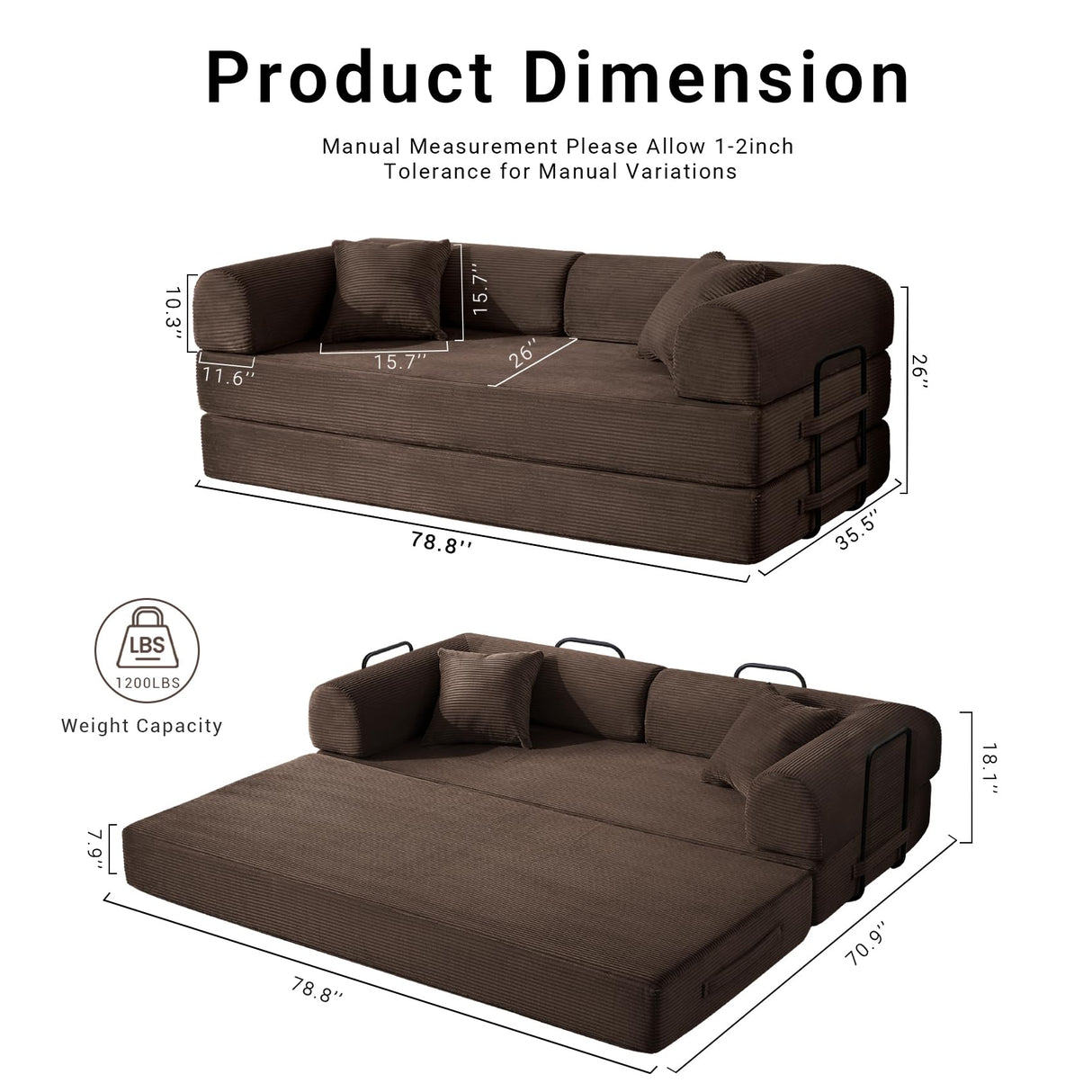 NNQ Compressed Sofa - Convertible Sofa Bed, Corduroy Compression Boneless Couch in a Box, Comfy Modular Foldable Floor Sleeper Sofa for Bedroom, Living Room (Corduroy Fabric, Brown) NNQ