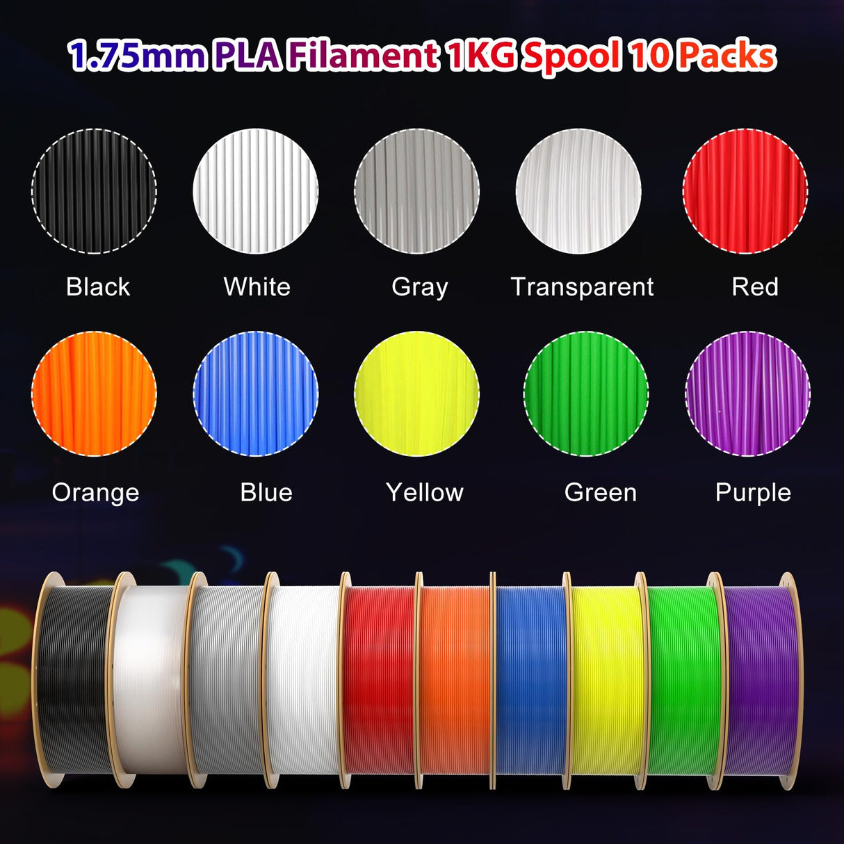 dikale PLA Pro 3D Printer Filament 10 Packs, 1.75mm No Tangle, Each Spool Net Weight 1KG, in Total 10KG Bundles, Black+White+Grey+Clear+Blue+Green+Orange+Red+Yellow+Purple dikale