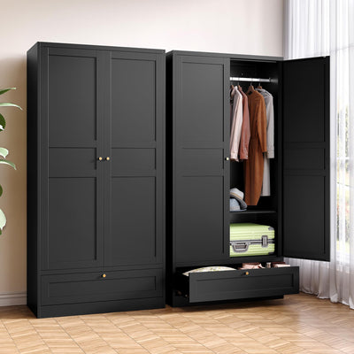 BYNSOE Metal Armoire Wardrobe Closet with 2 Doors 72'' Wardrobe Cabinet with Drawers and Hanging Rail Metal Closet with Adjustable Shelves for Bedroom. (Black, with 1drawer)