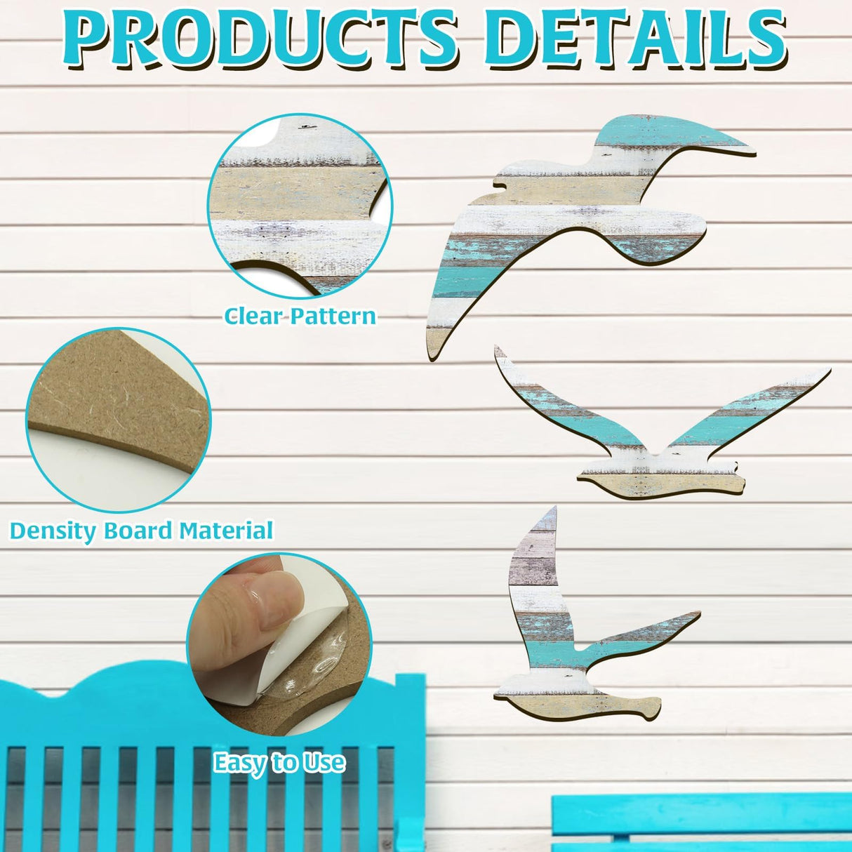 HINGTAI 3Pcs Wood Seagull Beach Wall Decor, Wall Art Beach Decorations Nautical Self-adhesive Seagull Decorations Coastal Themed Decors, Beach Seagull Ocean Decorations for Home Bedroom Living Room HINGTAI