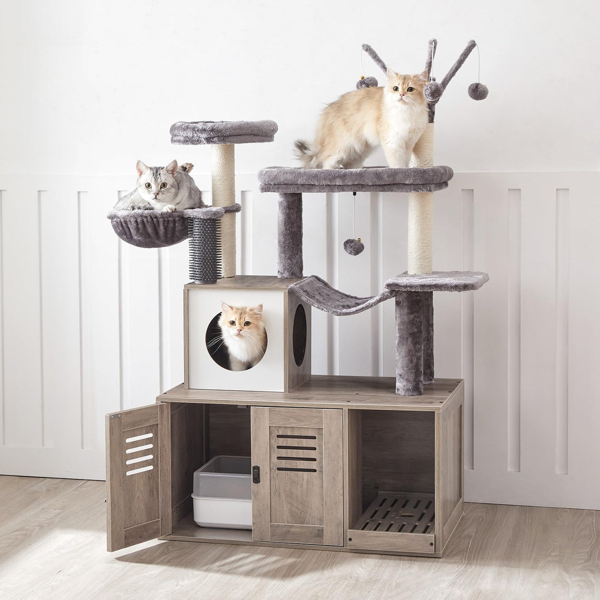 HOOBRO Large Hidden Litter Box, Cat Tree with 30.7'' Long Litter Box Enclosure, Modern Cat Tower, Cat Condos with Scratching Posts, Rubbing Post, Hammock and Teaser Sticks, Greige BG28MZ03G1 HOOBRO