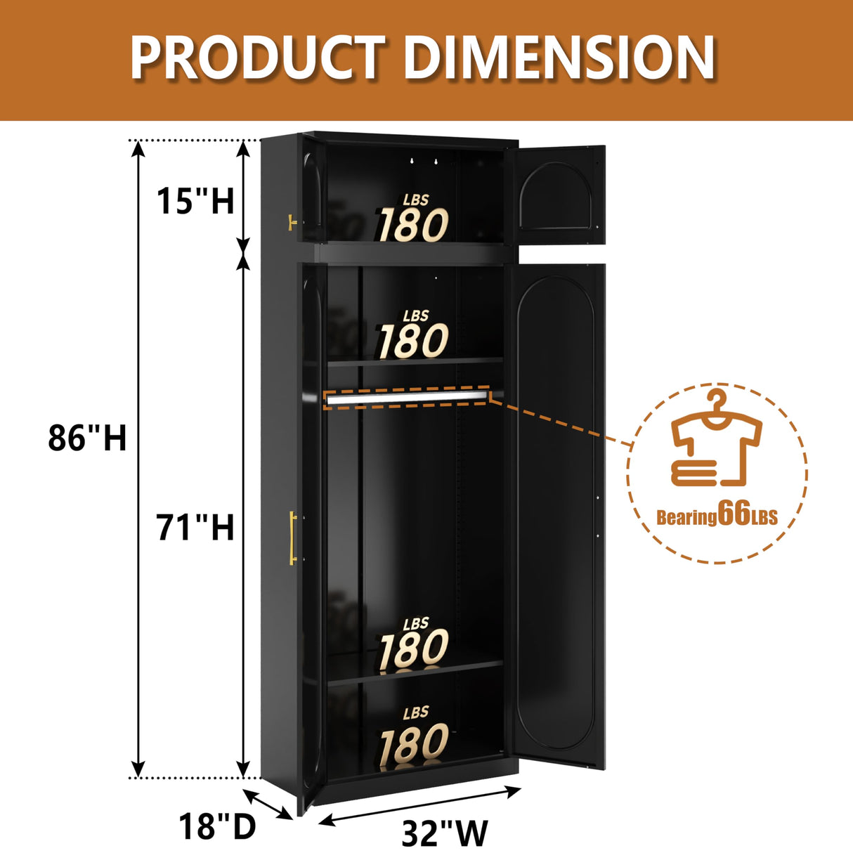 Polup Metal Armoire Wardrobe Closet, 86 Inch Tall Freestanding Wardrobe Cabinet with Hanging Rod, Bedroom Armoires with Doors, 18" D x 32" W x 86" H, Black, Assemble Required, Shipped in Two Packages Polup