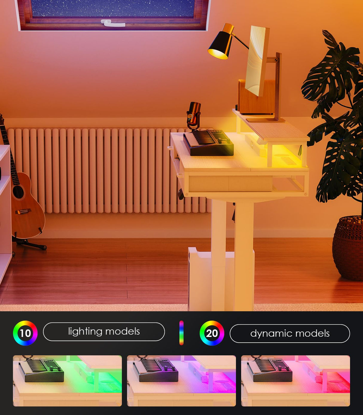 OffiGo Electric Standing Desk with Drawers & Keyboard Tray, 55 Inch Height Adjustable Desk with Power Outlets & LED Lights, Sit Stand Table with Monitor Stand for Home, Office, White OffiGo