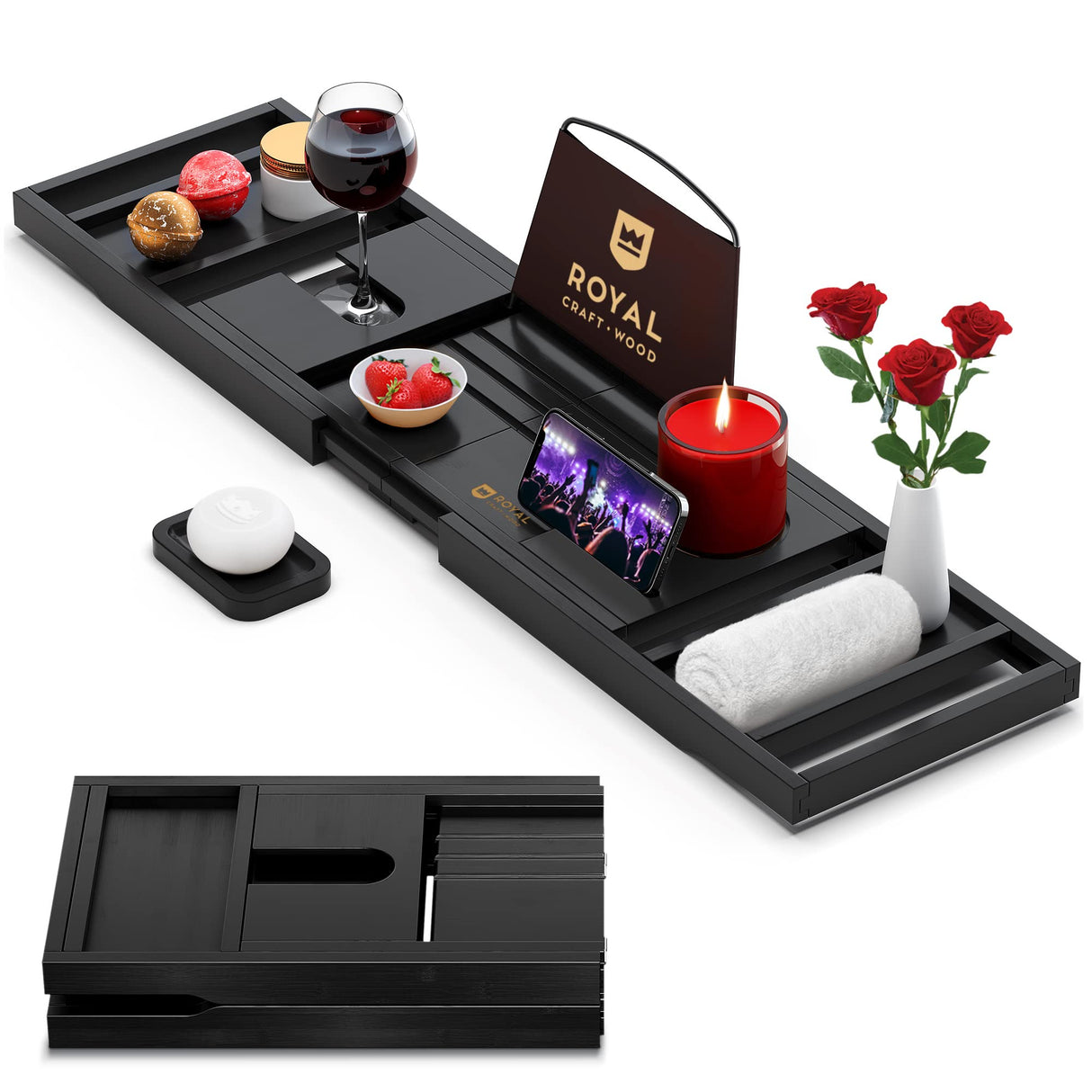 ROYAL CRAFT WOOD Premium Foldable Bathtub Tray - Wood Bath Tray for Tub, Bamboo Bathtub Shelf, Expandable Bath Table Tray, Luxury Bathtub & Bathroom Accessories for New Home & Unique Gift for Women ROYAL CRAFT WOOD