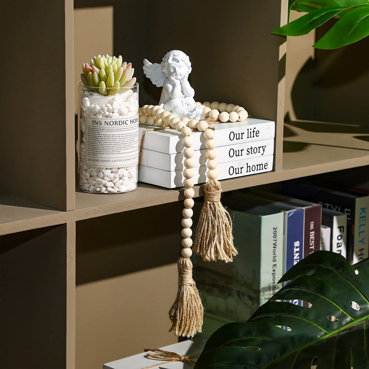 Jetec Decorative Display Books Hardcover, Faux Farmhouse Stacked for Coffee Tables Shelves with Wood Bead Tassels 58 Inch, 3 Pieces, White(Our Life, Our Story, Our Home) Jetec