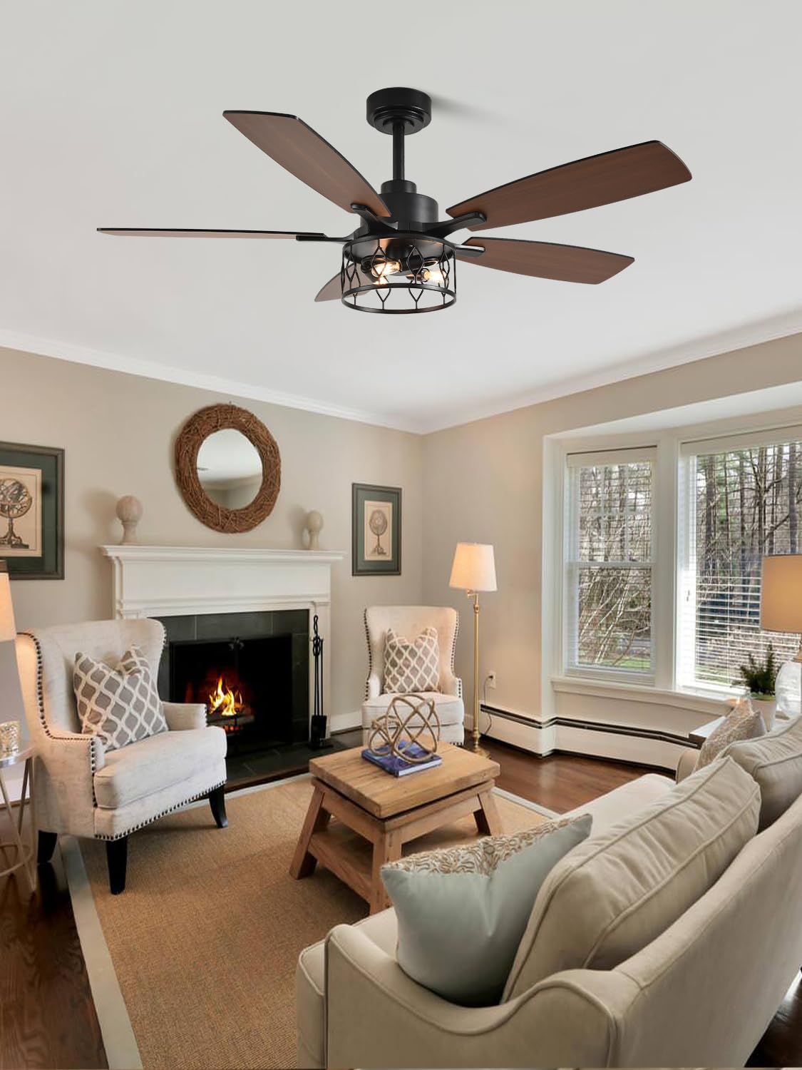 Curve Curio 52 Inch Farmhouse Ceiling Fan with Light and Remote Industrial Ceiling Fan Quiet and Reversible DC Motor Rustic Caged Chandelier Fan for Living Room Bedroom Patio Curve Curio