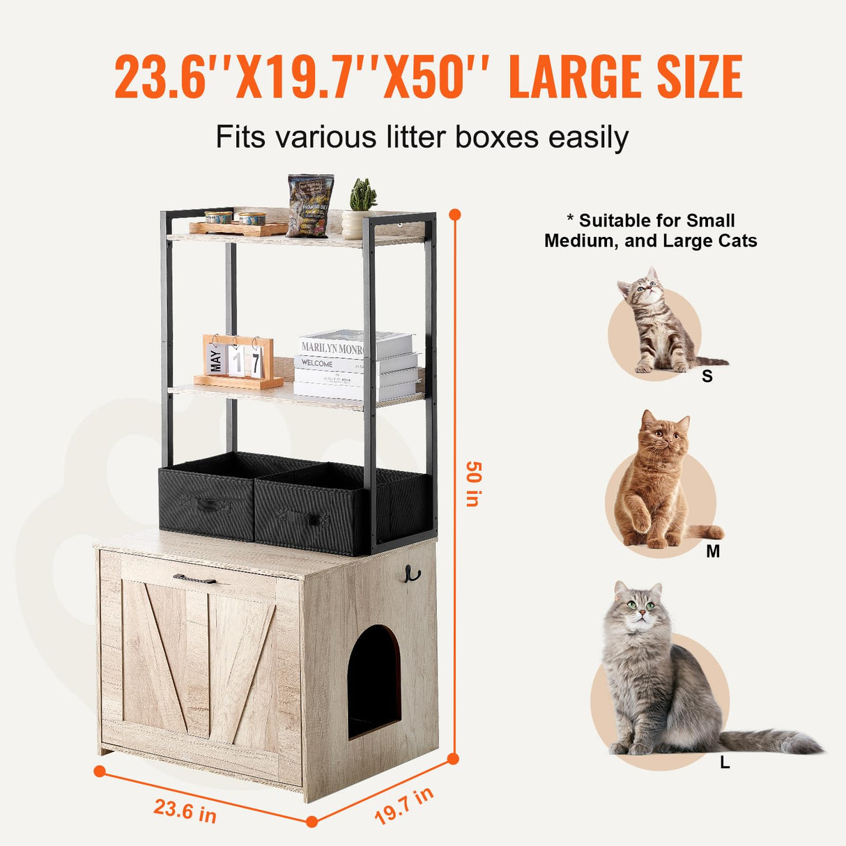 VEVOR Cat Litter Box Enclosure, Hidden Litter Box Furniture with 2 Storage Shelves & 2 Baskets, Wooden Cat Washroom Indoor, Cat House Cabinet Fit Most of Litter Box, 23.6"L x 19.7"W x 50"H, Natural VEVOR