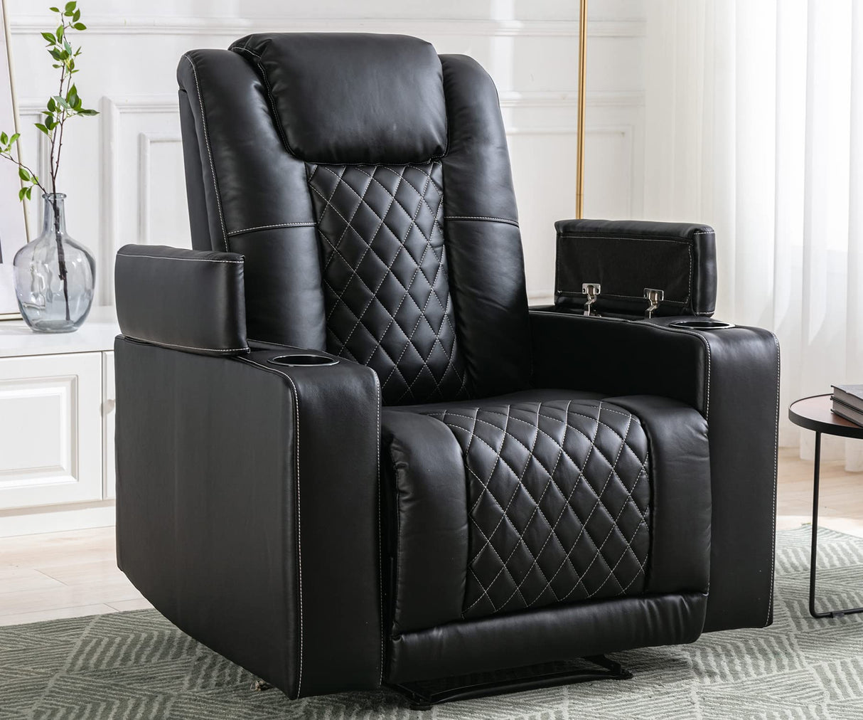 ANJ Electric Power Recliner Chair Soft Leather Reclining with USB Ports and Cup Holders, Black Home Theater Seating with Hidden Arm Storage Movie & Media Room Chairs ANJ