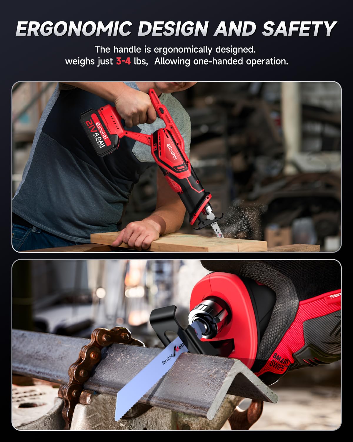 Reciprocating saw, Enhanced 3500 SPM Low Noise Brushless Motor, High-Performance 2*21V 4.0 Ah Batteries Extended Standby, 8 pcs Versatile Alloy Steel Blade Set Easily Cut Through Wood, Metal, ABS etc. Eioehtl