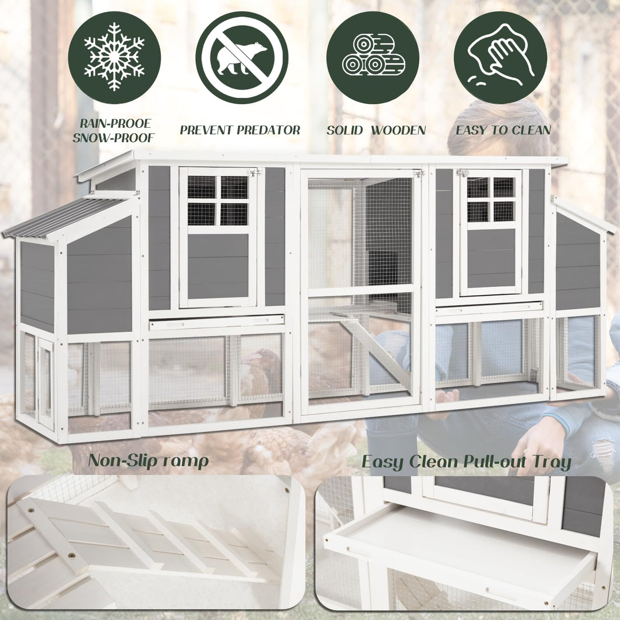 AECOJOY 98'' Extra Large Chicken Coop with Run, Wood Chicken House for 6-8 Chickens with 4 Nesting Boxes & Pull-Out Tray, Outdoor Hen Fence Poultry Pet Cage for Backyard AECOJOY