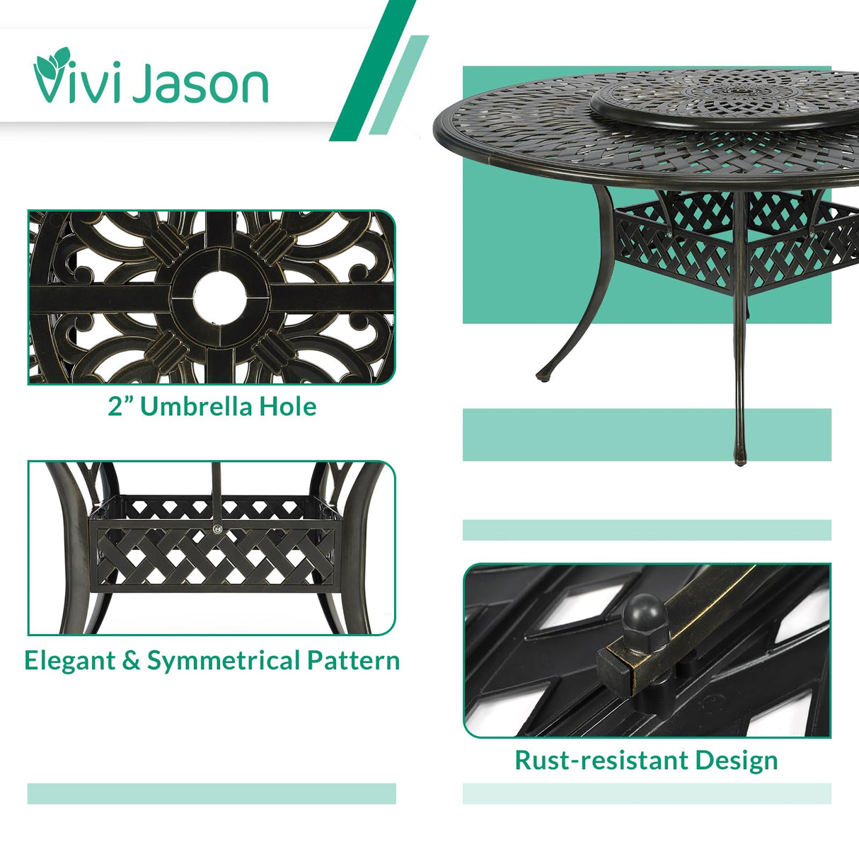 VIVIJASON 9-Piece Patio Furniture Dining Set, Rust-Free Cast Aluminum Outdoor Conversation Set, Include 8 Cushioned Chairs & 61" Round Dining Table with 31" Lazy Susan, Umbrella Hole, Khaki VIVIJASON