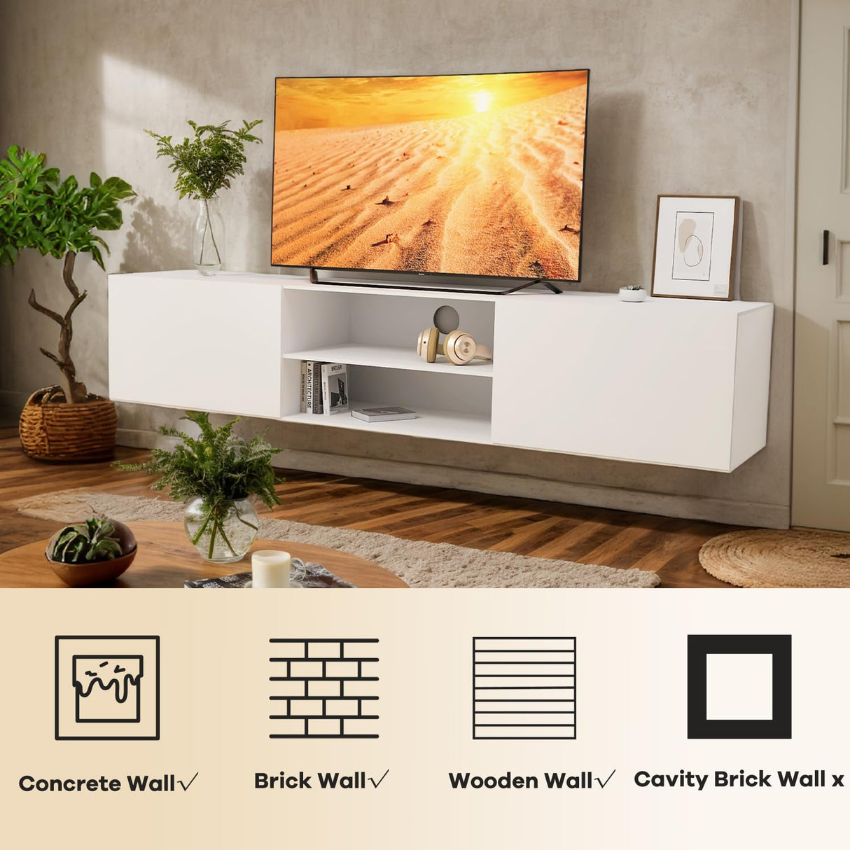 TIMSATIO Floating TV Stand Wall Mounted,70" Floating Entertainment Center for 60" 70" 80",Floating Shelf for Under tv, 3 Cabinet TV Console,Media Console for Living Room (Pure White) TIMSATIO