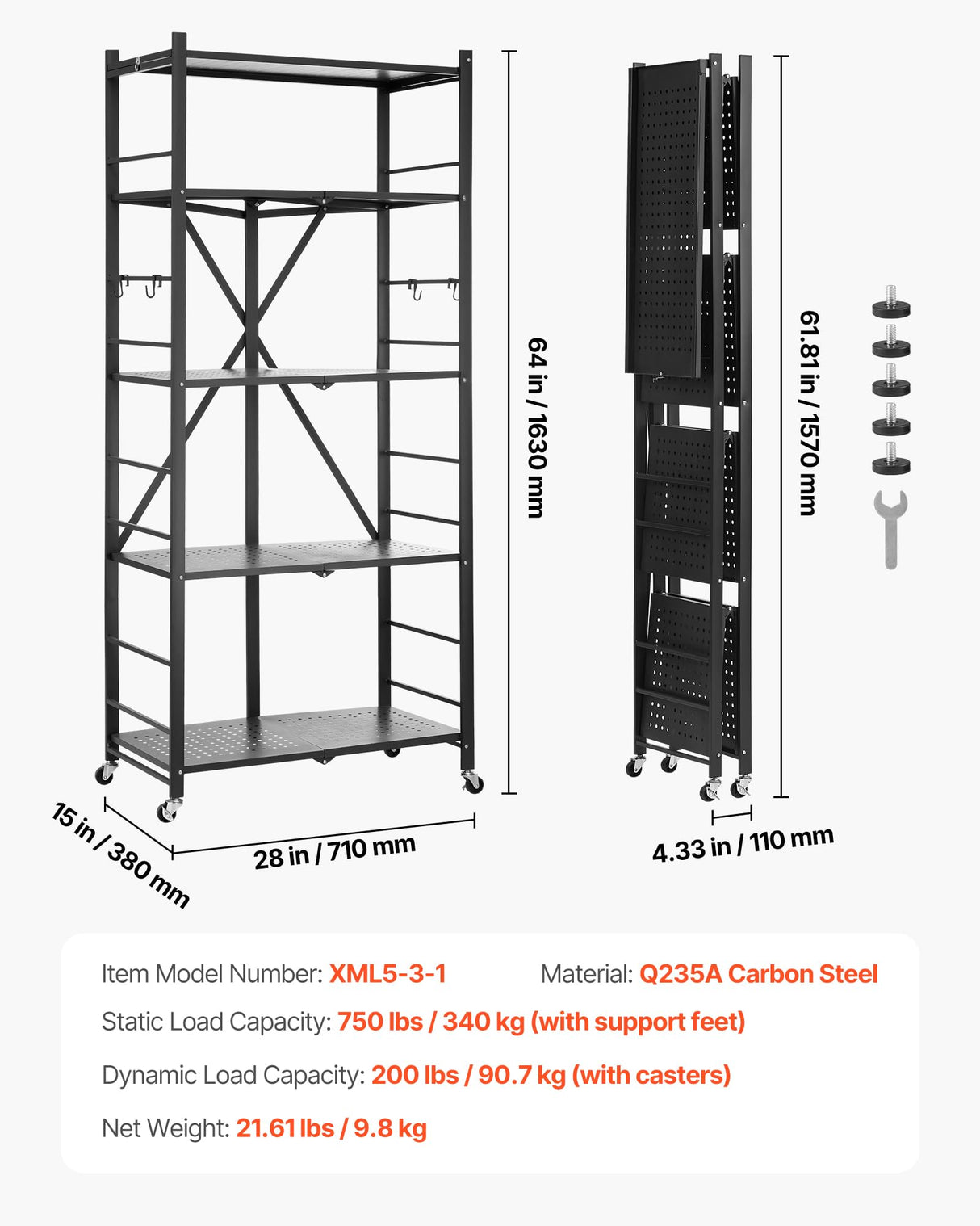 VEVOR 5-Tier Foldable Storage Shelf, 28W x 15D x 64H Inch Folding Metal Rack Shelving Unit, No Assembly Organizer Shelf with 5 Wheels & 4 Hooks for Pantry, Kitchen, Garage, Basement, Black VEVOR
