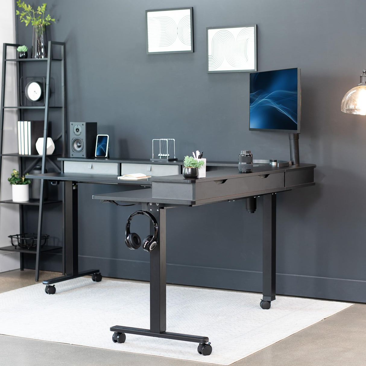 VIVO Electric 2-Tier Height Adjustable 75 x 63 inch Stand Up Corner Desk, L-Shaped Mobile Table with Memory Controller, Black Table Top, Black Frame, Dark Gray Storage Drawers, DESK-E3CVB-75 VIVO
