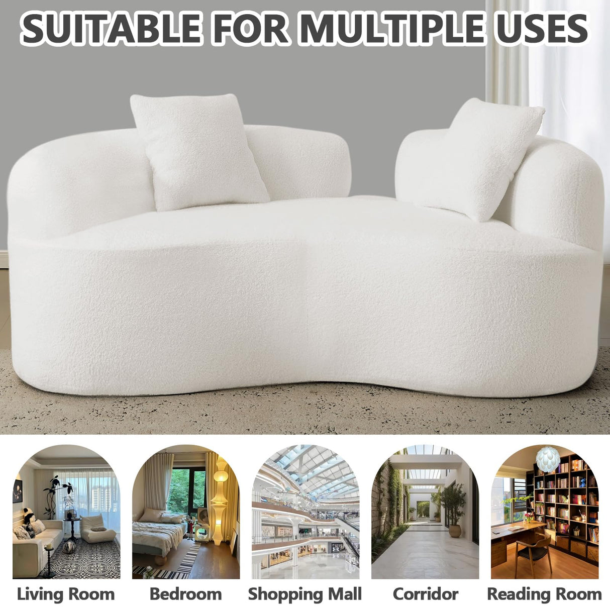 Thctvous 67" Beige Curved Loveseat with Round Armrest, Round Couch in a Box, Boneless Curved Sofa for Living Room Bedroom Small Space, Teddy, No Assembly (White) Thctvous