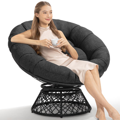 Bme 40" Ergonomic Wicker Papasan Chair with Soft Thick Cushion & Frame, 360° Swivel Papasan Chair, Circle Chair, Reading Chair, Comfy Chair for Living Room, Bedroom, Onyx Stone - Black Base