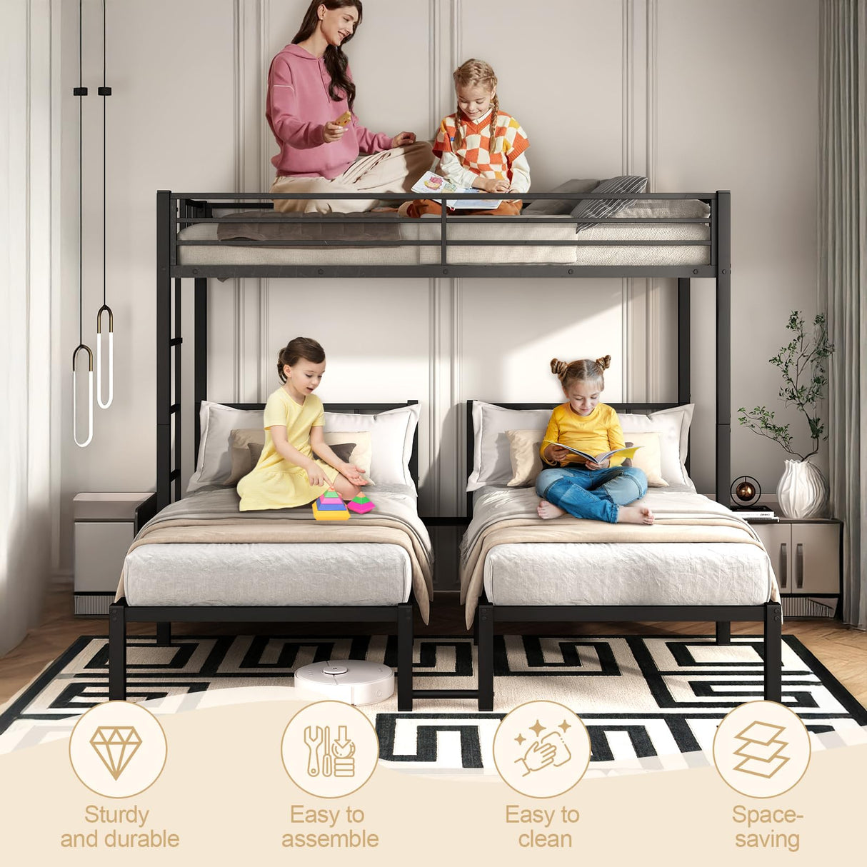 HKOLIE Heavy Duty Triple Bunk Bed for 3, Twin Over Twin Over Twins with Guardrails and Ladder, Metal Bunk Bed, 3 Bed Teens and Adults, No Box Spring Needed (Black) HKOLIE