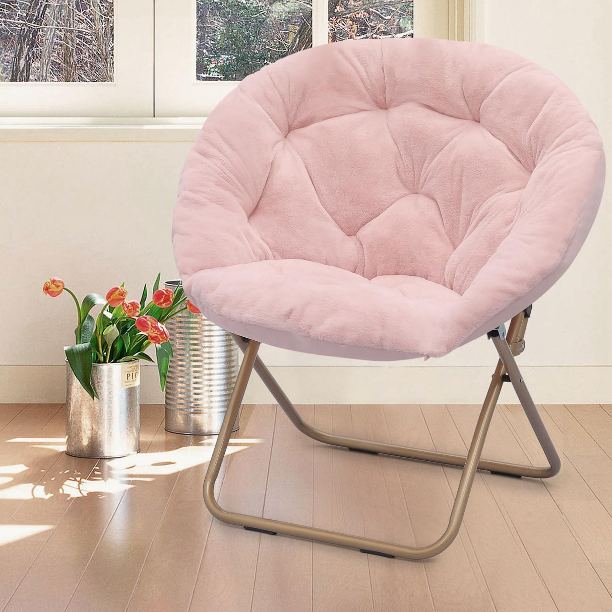 Athena Collection Comfy Saucer Chair Folding Cozy Chair for Bed Room Living Room Accent Chair Faux Fur Reading Chair Foldable Metal Frame Lazy Chair Moon Chair for Adult, Pink Athena Collection