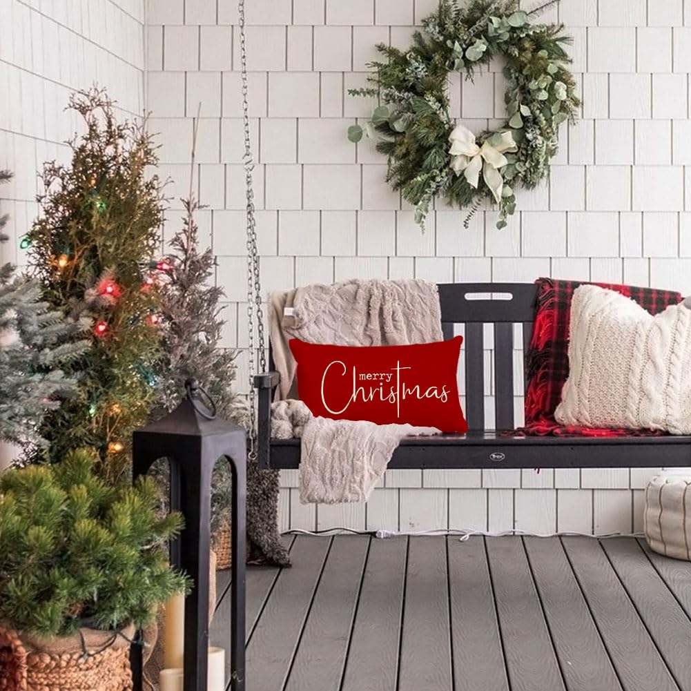 RABUSOFA Christmas Pillow Covers 12x20 Inch,Red Merry Christmas Saying Decorations Winter Decorative Throw Pillow Cases,Farmhouse Holiday Xmas Lumbar Cushion Covers for Couch Living Room(16) RABUSOFA
